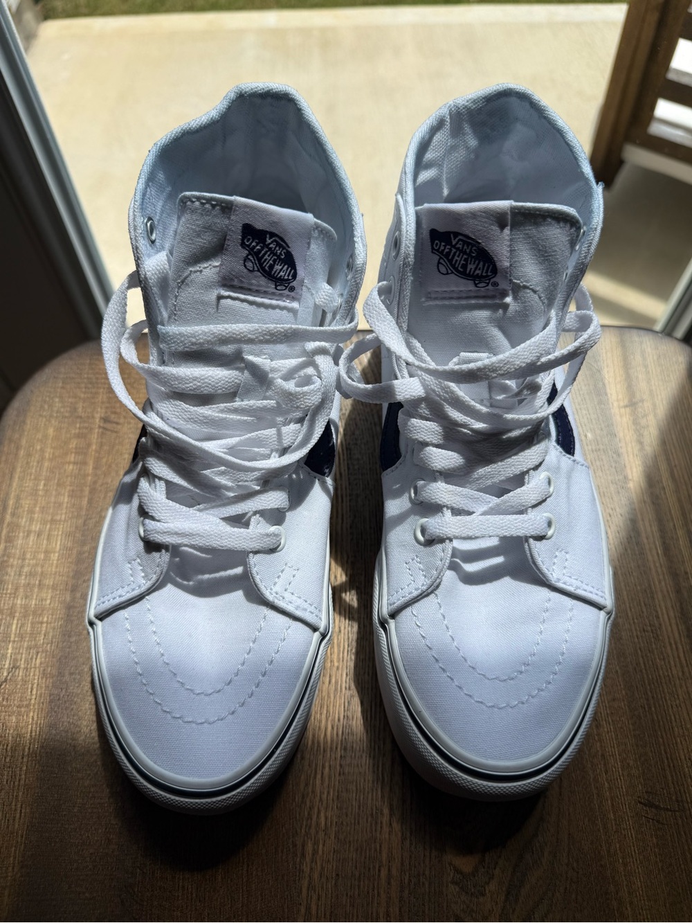 Vans White High-Top Sneakers with Blue Side Stripe - Picture 2 of 4
